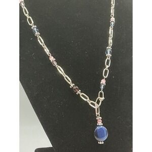 Silver‎ Tone Y Necklace Blue Stone Pendant Pink Blue Beads Dainty Chain Jewelry